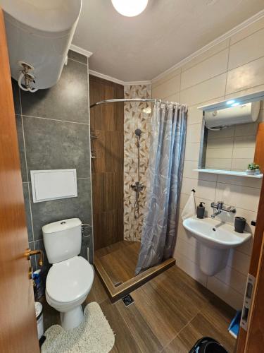 uma casa de banho com um WC e um lavatório em Snowflake home - Private apartment em Bansko