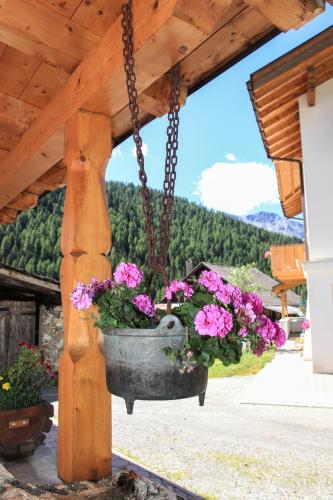 a pot of flowers hanging from a wooden pergola at Alpinchalet Ortler in Solda