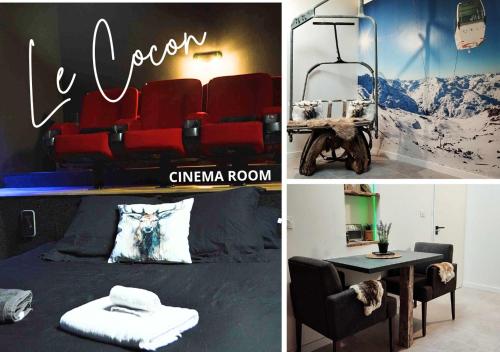a collage of pictures of a room with a red couch at LE COCON l'unique expérience Cinéma room de la Grange Savoyarde 1km du Lac d'Annecy in Lathuile