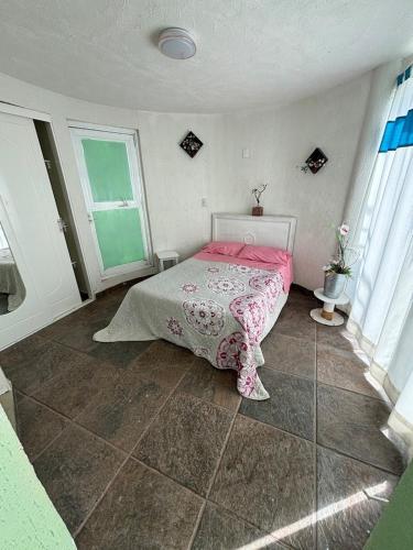 a bedroom with a bed with a pink bedspread at Terraza del Lago in Tequesquitengo