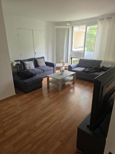 ein Wohnzimmer mit 2 Sofas und einem TV in der Unterkunft 10min from Paris 3 bedrooms parking in Asnières-sur-Seine