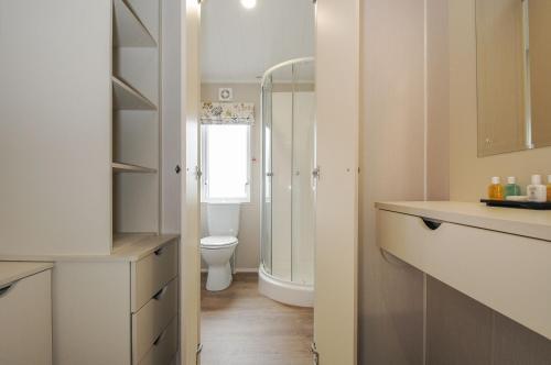 a white bathroom with a toilet and a shower at Lodge 69 at Riviera Bay Coastal Retreat in Brixham
