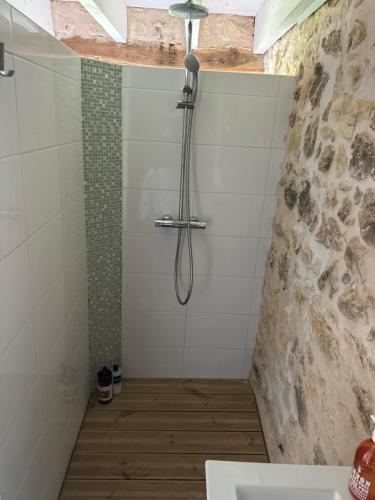 een badkamer met een douche met een douchekop bij Au cœur du jardin in Souvigné