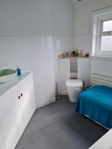 ein weißes Bad mit einem WC und einem Waschbecken in der Unterkunft SERENITY in Bromley