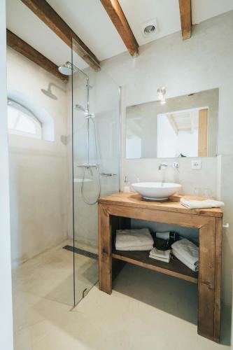 a bathroom with a sink and a glass shower at Gastenverblijven boerderij Het Driespan in Middelburg