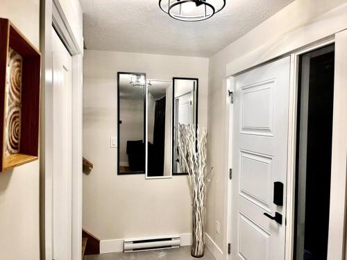 a hallway with a white door and a mirror at Modern Vac Home, private Hot tub, close to airport in Dieppe