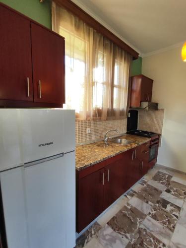 a kitchen with a white refrigerator and a sink at Electra's Seaside in Agios Georgios