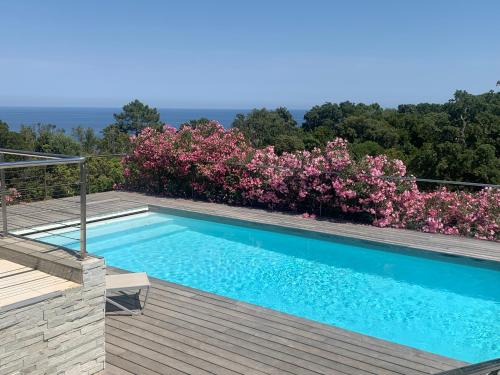 - une piscine avec une terrasse en bois et des fleurs roses dans l'établissement Villa NEREA, à Conca