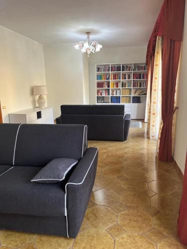 una sala de estar con 2 sofás y un estante para libros. en Il Tramonto in centro, en Giba