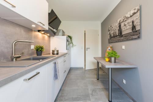 - une cuisine avec un évier et un comptoir dans l'établissement Birkenstraße 6 Haus II Whg3, à Zingst