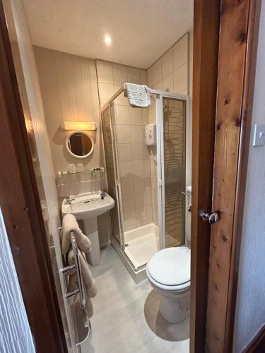 a bathroom with a toilet and a shower and a sink at Bayona Guest House in Southport