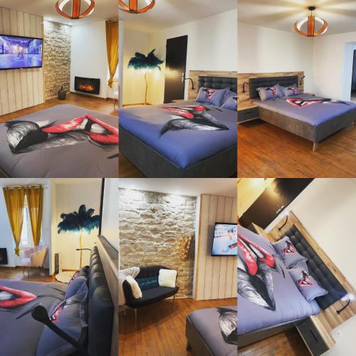 a collage of photos of a bedroom with two beds at MANOIR AUX trois charmes in Ronchamp
