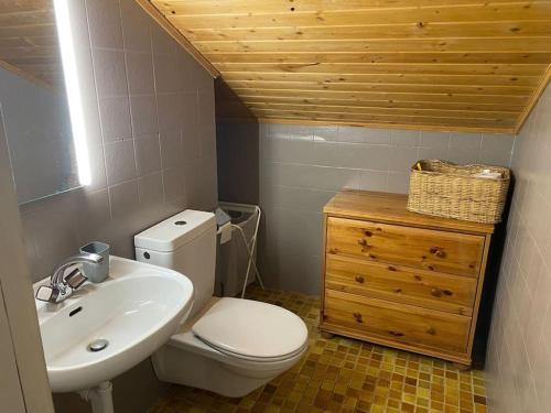 La salle de bains est pourvue de toilettes blanches et d'un lavabo. dans l'établissement Appartement Duplex Les Bleuets K10, à Val dʼIlliez