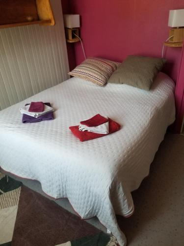 a bedroom with a bed with red towels on it at Chambre d'hôtes Chez Léon pour 1 à 4 personnes in Chaulgnes