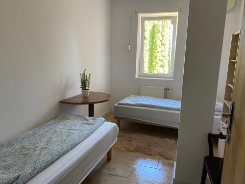 een kleine slaapkamer met 2 bedden en een raam bij Willa Bursztynowa 1 - pokoje gościnne in Rekowo