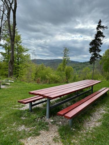 a picnic bench sitting in the grass in a field at Chata Nemcová - Muránska planina in Muráň