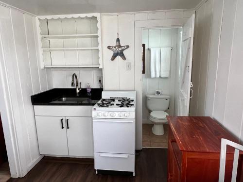 uma pequena cozinha com um fogão e um lavatório em Nautical Beach Properties em Hampton