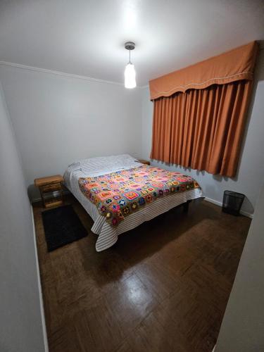 ein kleines Schlafzimmer mit einem Bett mit Vorhang in der Unterkunft Pumahue Lodge in Temuco
