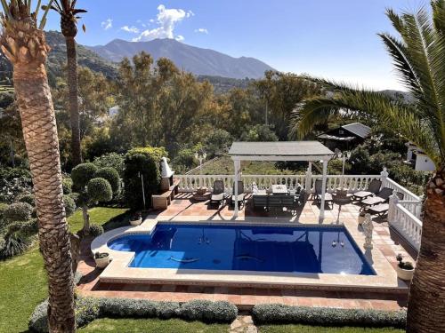 a swimming pool in a yard with a palm tree at Villa Puerto de la Luz in Mijas