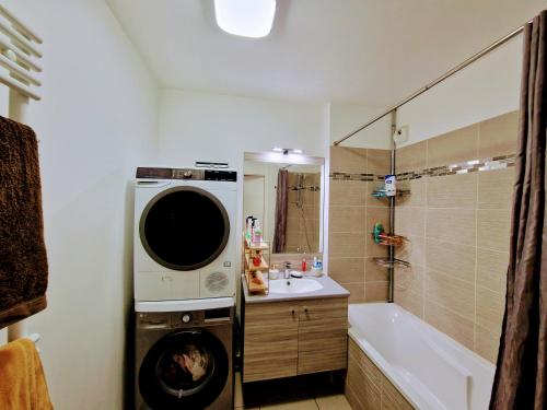 une salle de bain avec un lavabo et une machine à laver dans l'établissement Sweet apartment close to Paris, à Colombes