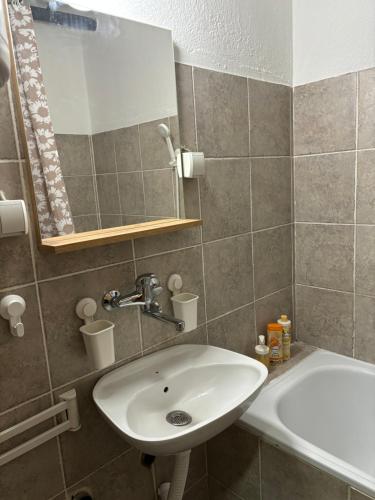 uma casa de banho com um lavatório, um espelho e uma banheira em Apartman LENKA em Pirot