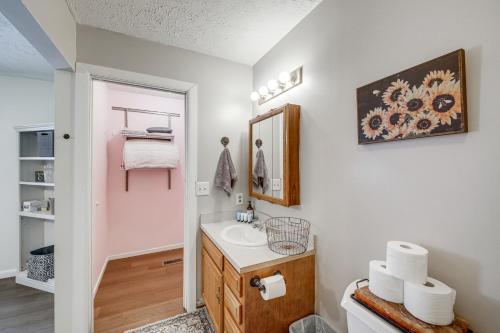 W łazience znajduje się umywalka i lustro. w obiekcie Lovely Terre Haute Home with Private Yard and Hot Tub! w mieście Terre Haute