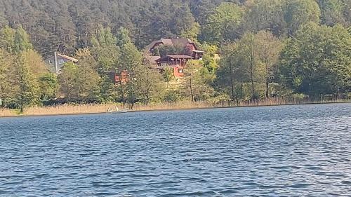 a house sitting on the shore of a lake at Domus Mare domek holenderski in Wisełka