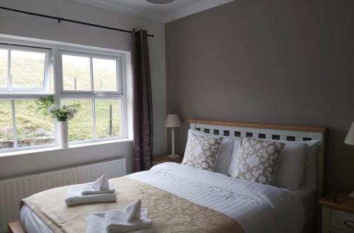 a bedroom with a large bed with two windows at Shanakeever Farm - 2 Bedroom Apartment in Clifden