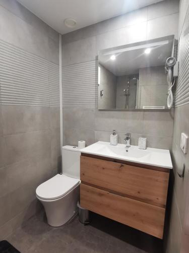 La salle de bains est pourvue de toilettes, d'un lavabo et d'un miroir. dans l'établissement Studio Casa Amnéville, à Amnéville