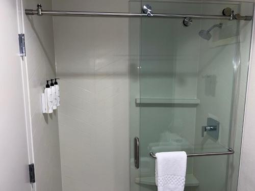 eine Dusche mit Glastür im Bad in der Unterkunft Fairfield Inn & Suites Detroit Farmington Hills in Farmington Hills