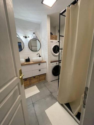 une salle de bain avec un lavabo et une machine à laver dans l'établissement Chez Saber et Leila à Mondelange, à Mondelange