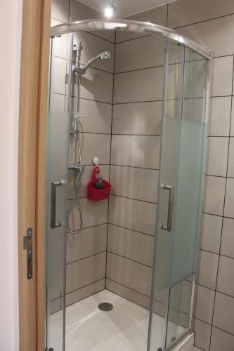 une douche avec une porte vitrée dans une salle de bain dans l'établissement Petite maison, cosy, sur les collines niçoises, à Nice