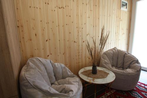 a room with two chairs and a table with a vase at Lugina e Shengjergjit ,Bujtinat in Tirana
