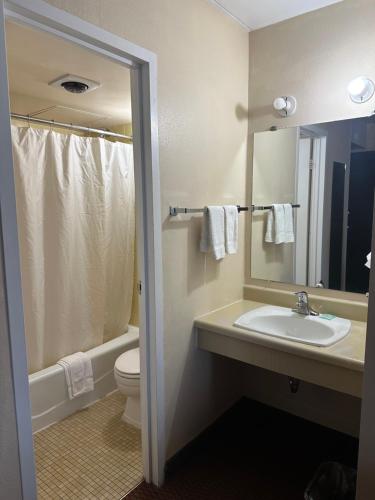 a bathroom with a sink and a toilet and a mirror at Osseo Inn in Osseo