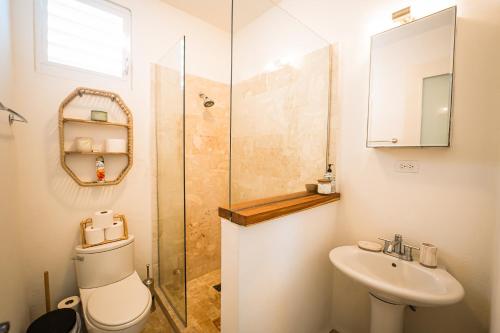 a bathroom with a toilet and a sink and a shower at Boho Oasis by the Beach in San Juan