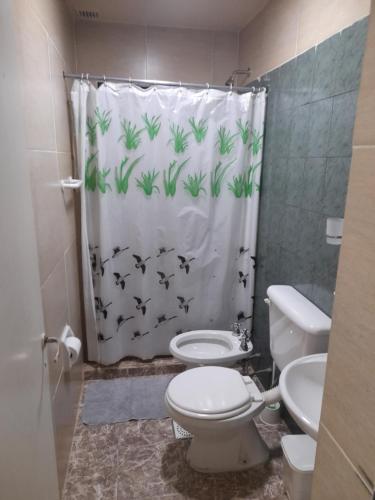 a bathroom with a toilet and a shower curtain at Departamento franco 3 in Los Antiguos