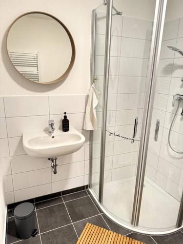 a bathroom with a shower and a sink and a mirror at 2,5 Zimmer Ferienwohnung Fehmarn mit eigenem Parkplatz in Fehmarn