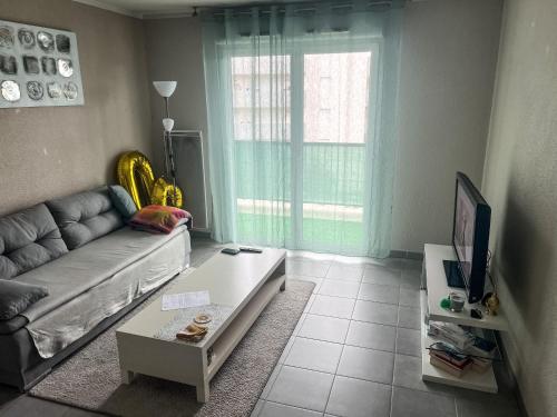 uma sala de estar com um sofá e uma mesa de centro em Joli appartement T2 em Montpellier