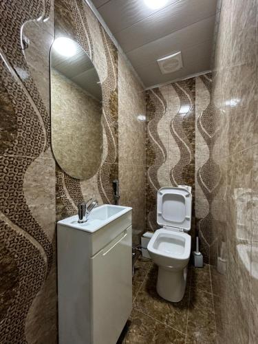 a bathroom with a toilet and a sink and a mirror at Vintage Boutique Hostel in Baku