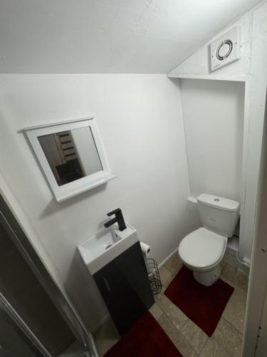 盧頓的住宿－Duplex Studio 3 minute drive from Luton airport，浴室配有白色卫生间和盥洗盆。