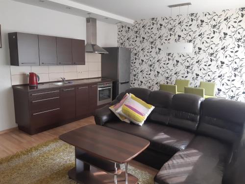 a living room with a black leather couch and a table at Vita apartment in Vilnius
