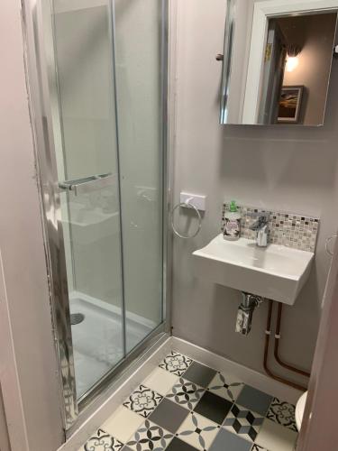 een badkamer met een douche en een wastafel bij Studio 11 in Ballymoney