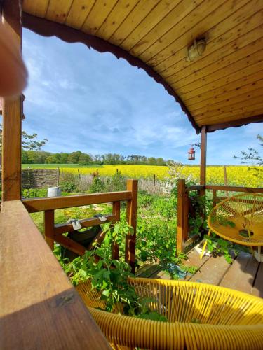 a patio with a view of a field of flowers at La roulotte de Mouni in Gesves