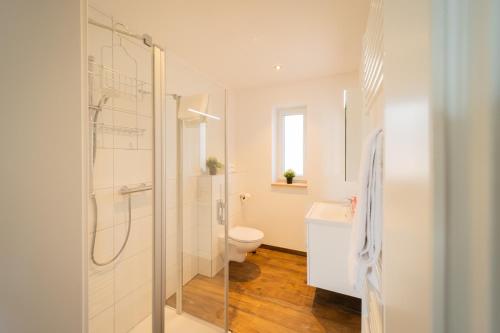 a bathroom with a shower and a toilet and a sink at Ferienhaus Wintermoor Ganzer Bungalow in Schneverdingen