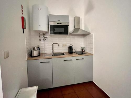 a small kitchen with a sink and a microwave at Imperial Douro Apartamento 2 in Peso da Régua