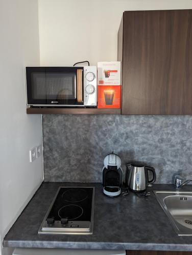 Il comprend une cuisine équipée d'un four micro-ondes et de plaques de cuisson. dans l'établissement Escale à Disneyland Paris, à Montévrain