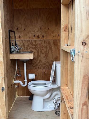 baño de madera con aseo y lavamanos en High Country-The Well House, en Blowing Rock