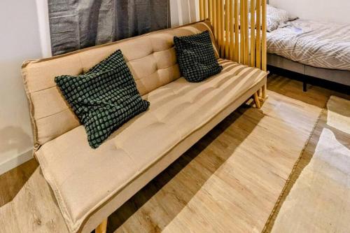 um sofá com duas almofadas num quarto em Le Studio Cosy, centre historique, wifi, neuf em Grasse