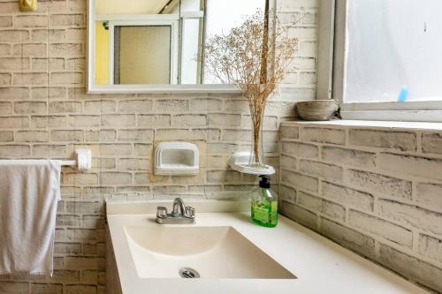 a bathroom sink with a bottle of soap and a window at Park Narvarte in Mexico City