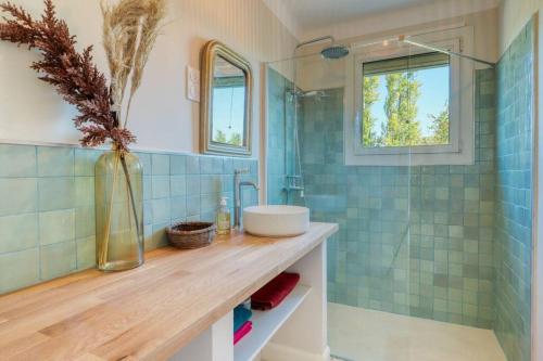 une salle de bain avec un lavabo et une douche dans l'établissement Maison de campagne lumineuse, à Orange